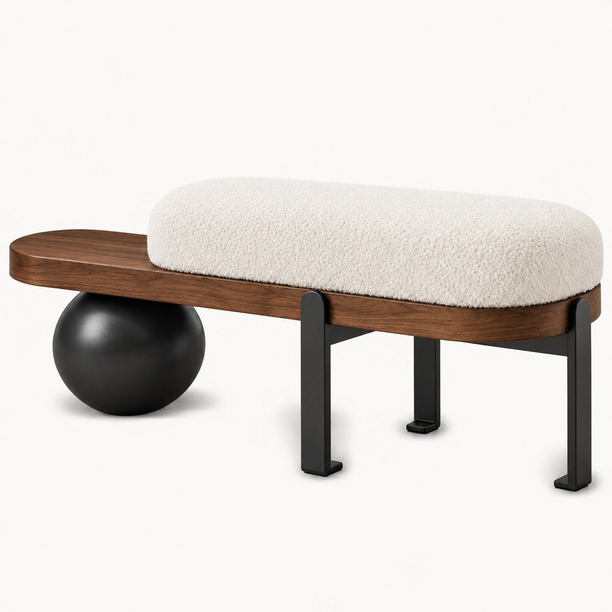 brown bench with a cream rounded cushion, exposed side shelf, black ball support and slim legs.