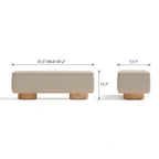 Front and side dimension diagram of the beige rectangular bench with short cylindrical feet.