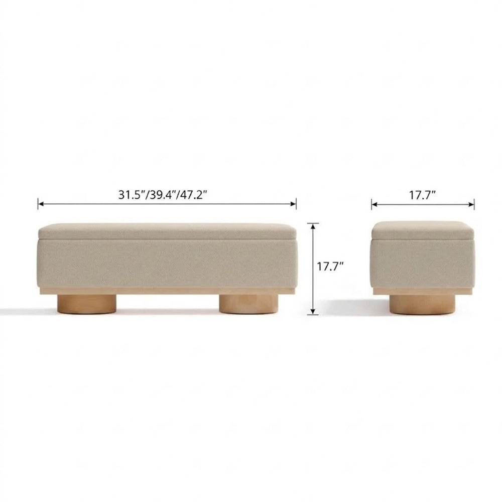 Front and side dimension diagram of the beige rectangular bench with short cylindrical feet.