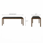 Front and end dimension diagram of the black-cushioned bench with a slim brown frame.