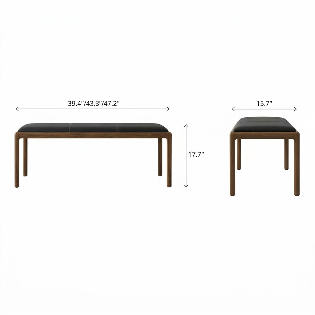 Front and end dimension diagram of the black-cushioned bench with a slim brown frame.