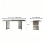 Front and end dimension diagram of the rectangular dining table with transparent supports.