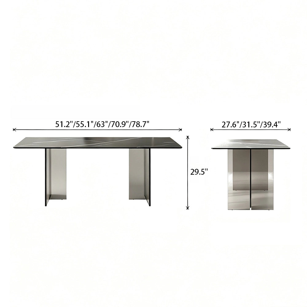 Front and end dimension diagram of the rectangular dining table with transparent supports.