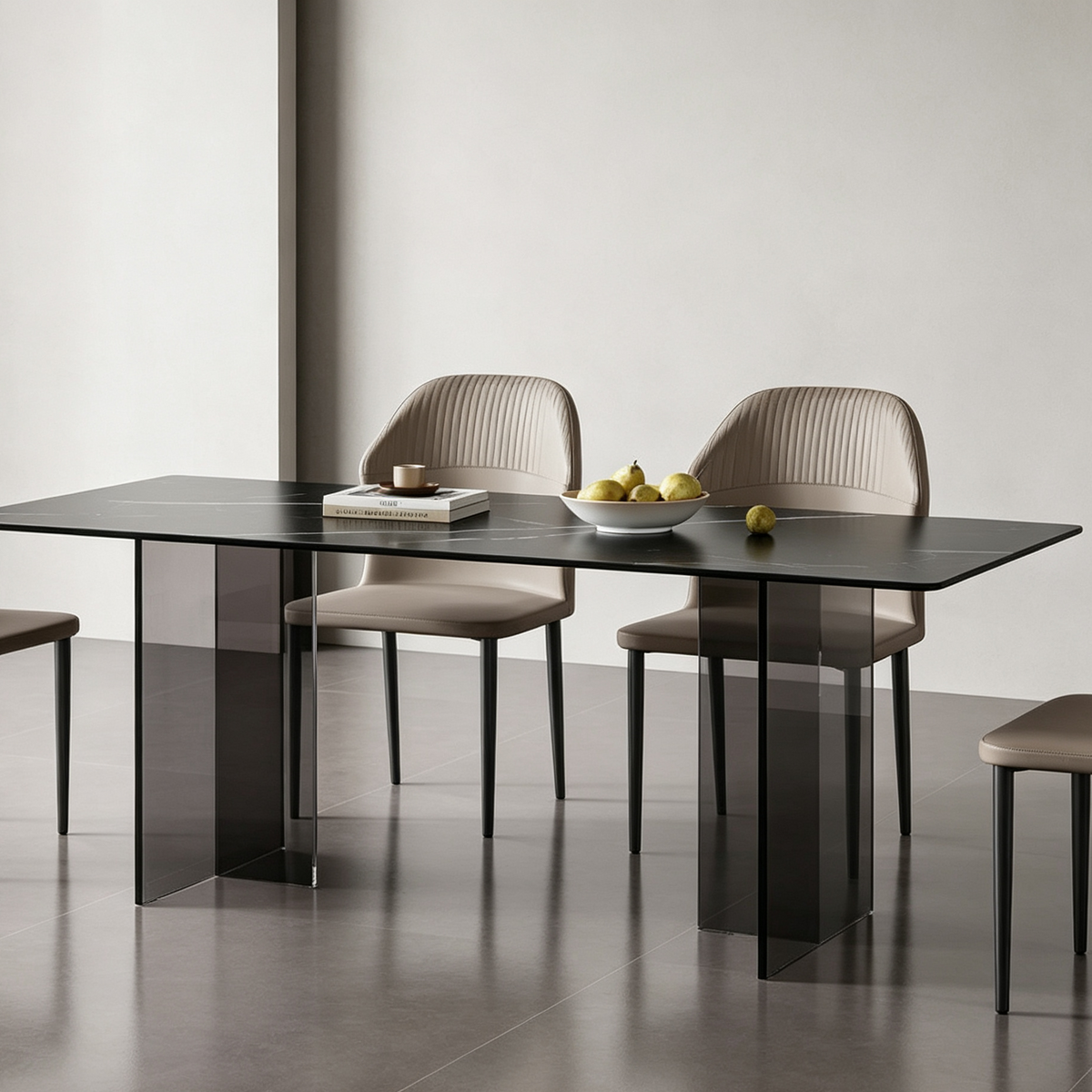 Rectangular black dining table with smoky transparent panel supports and beige upholstered chairs.