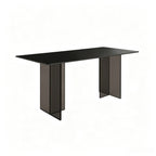Black rectangular dining table with two smoky transparent panel supports on a white background.