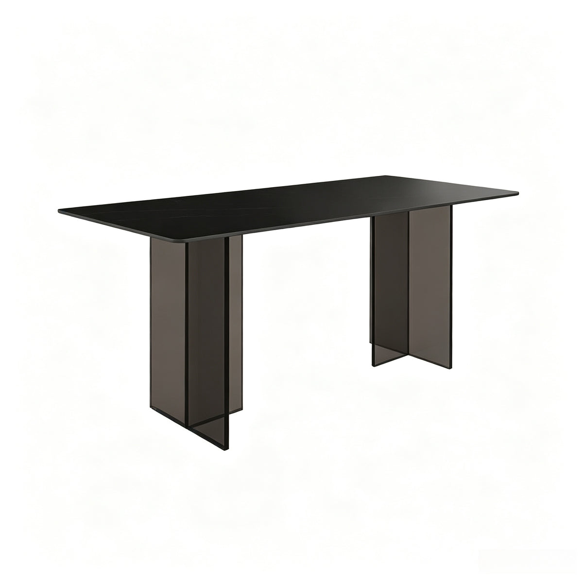 Black rectangular dining table with two smoky transparent panel supports on a white background.
