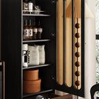 Black cabinet with its glass door open, revealing shelves of bottles, books and storage boxes.