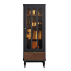 Tall black display cabinet with elongated glass panels and a brown lower drawer on a white background.