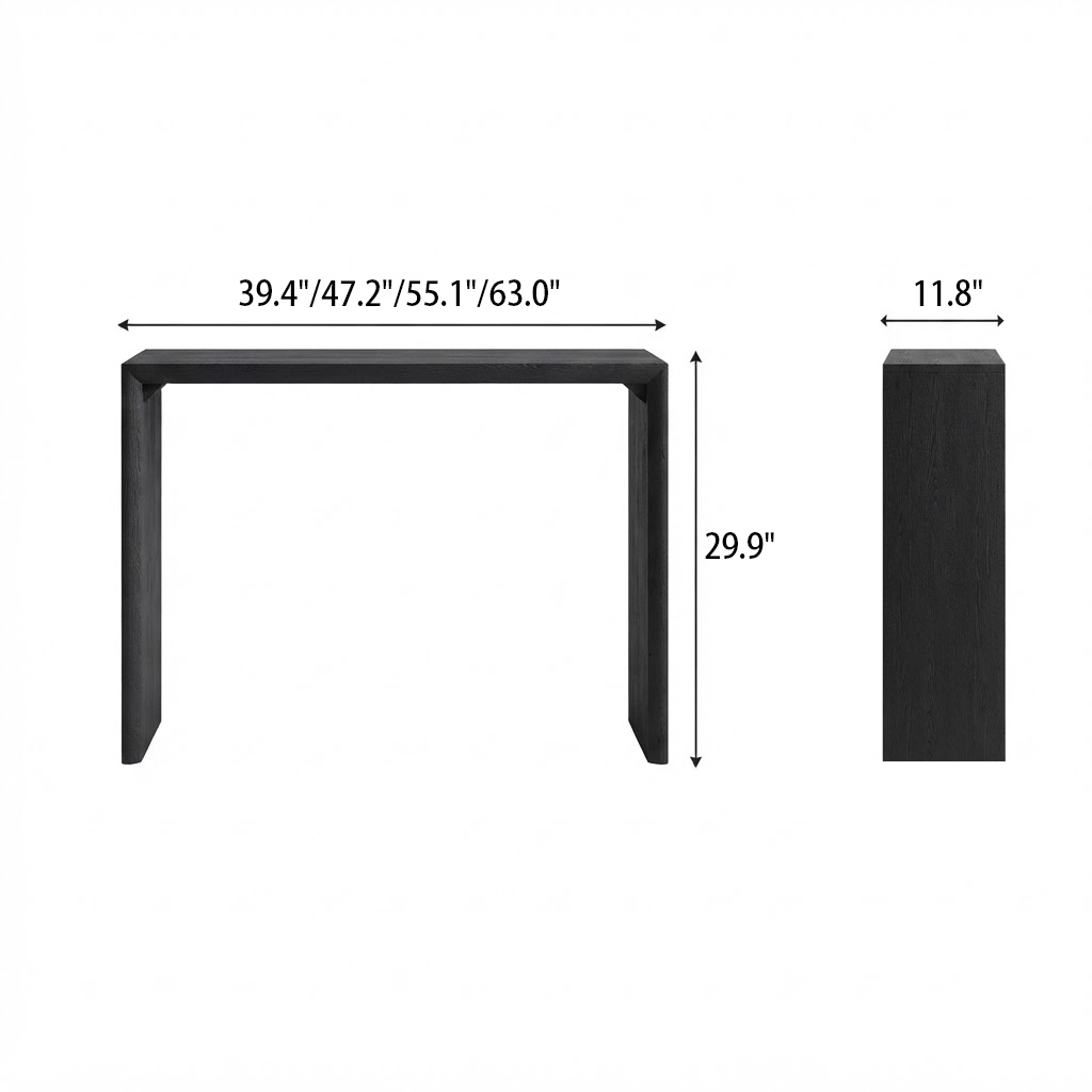 Front and side dimension diagram of the black slab console table.