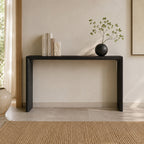 Front view of a black rectangular console table with a slim top and broad side panels.