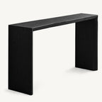 Black rectangular console table with a narrow top, broad slab sides and visible grain.