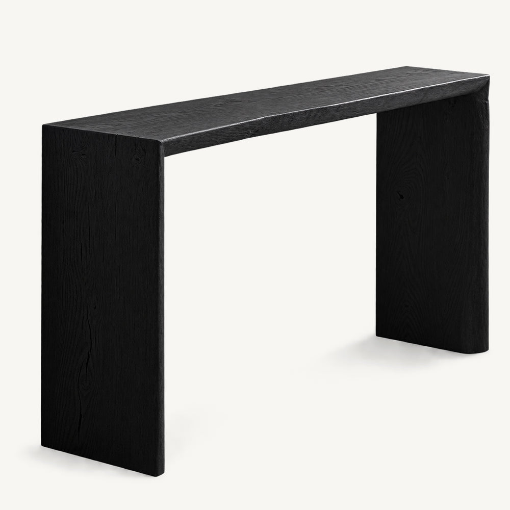 Black rectangular console table with a narrow top, broad slab sides and visible grain.