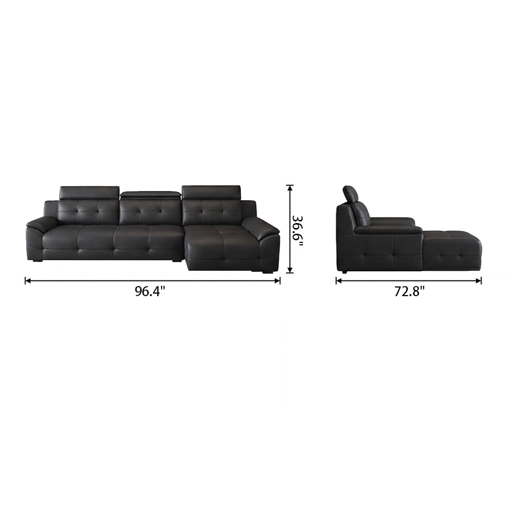 Front and side dimension diagram of the compact black sectional chaise sofa.
