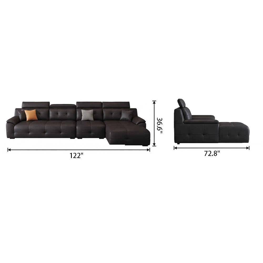 Front and side dimension diagram of the medium black sectional chaise sofa.