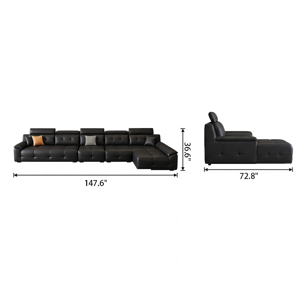 Front and side dimension diagram of the wide black sectional chaise sofa.