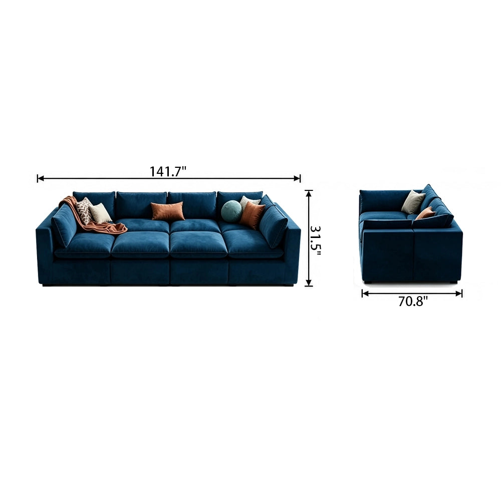 Front and side dimension diagram of the blue deep-seat modular sofa.