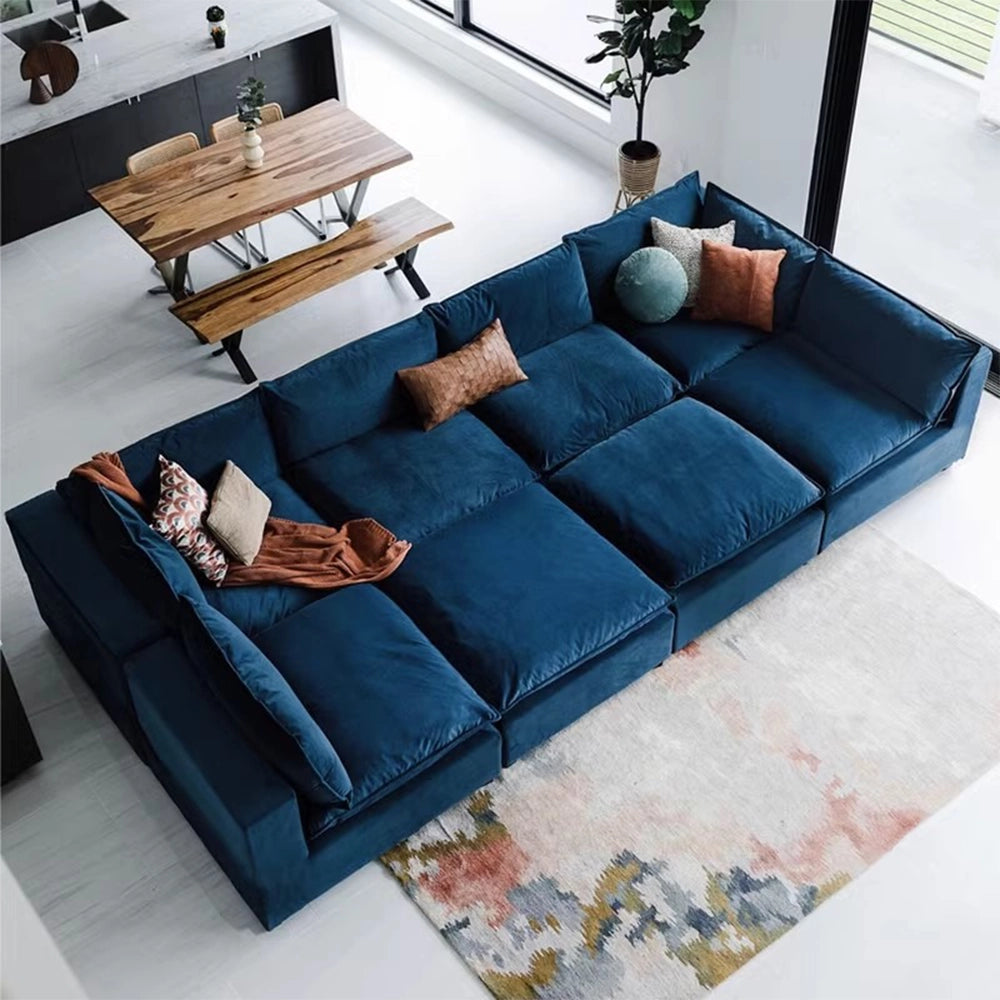 Opposite overhead view of the blue deep-seat modular sofa with cushions around three sides.
