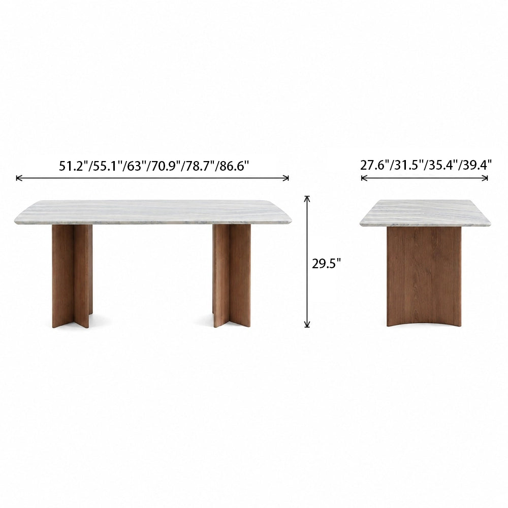 Front and side dimension diagram for the rectangular veined dining table, showing available lengths, depths and height.