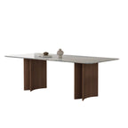 Rectangular blue-gray veined dining table with two curved brown panel bases, shown against a white background.