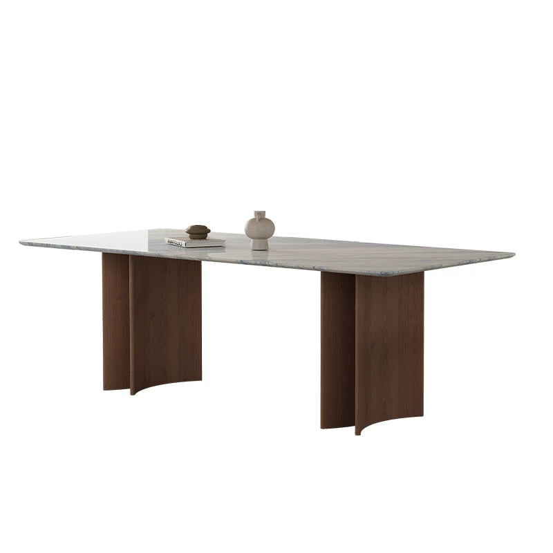 Rectangular blue-gray veined dining table with two curved brown panel bases, shown against a white background.