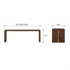 Front and side dimension diagram of the brown slab bench with butterfly-shaped joint accents.