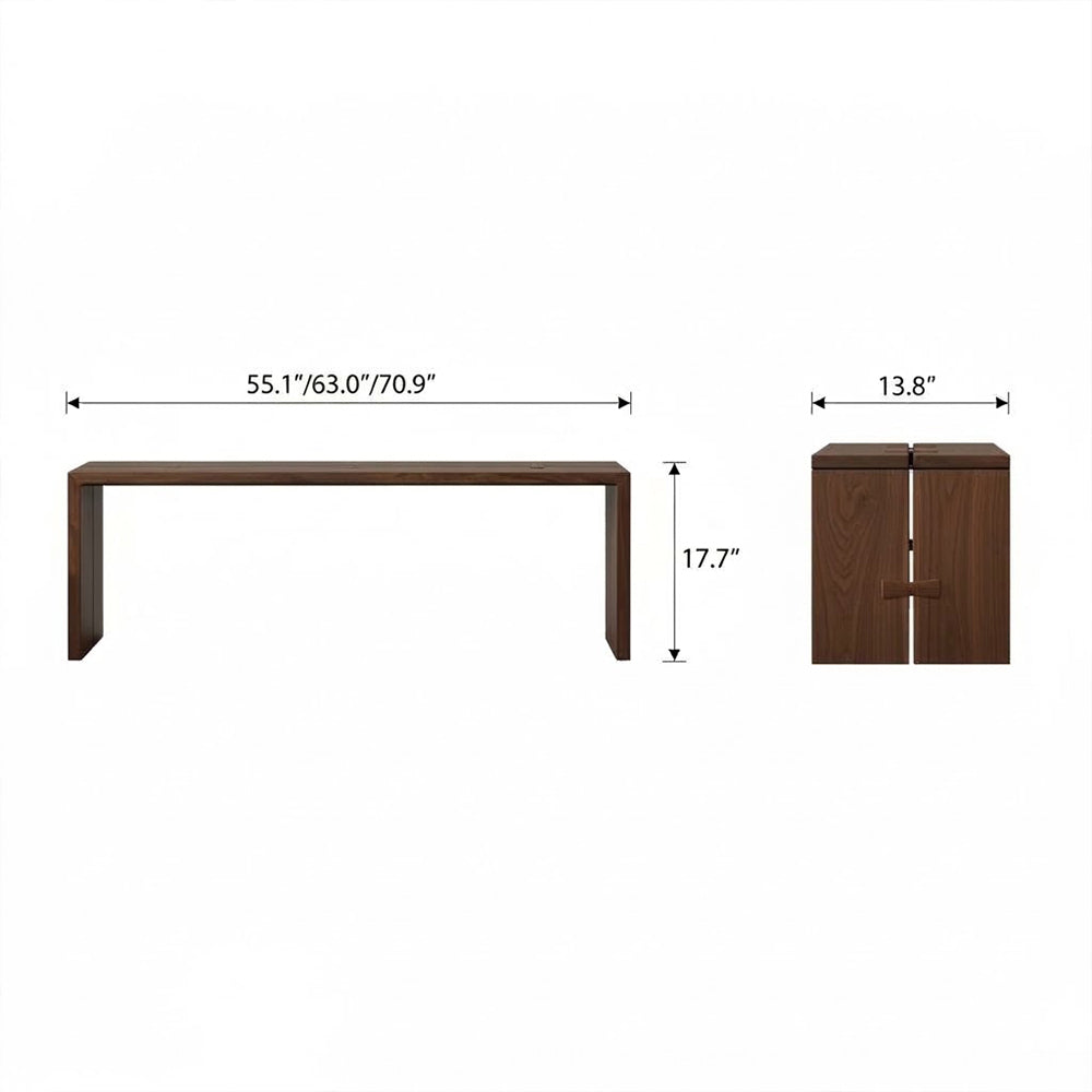 Front and side dimension diagram of the brown slab bench with butterfly-shaped joint accents.