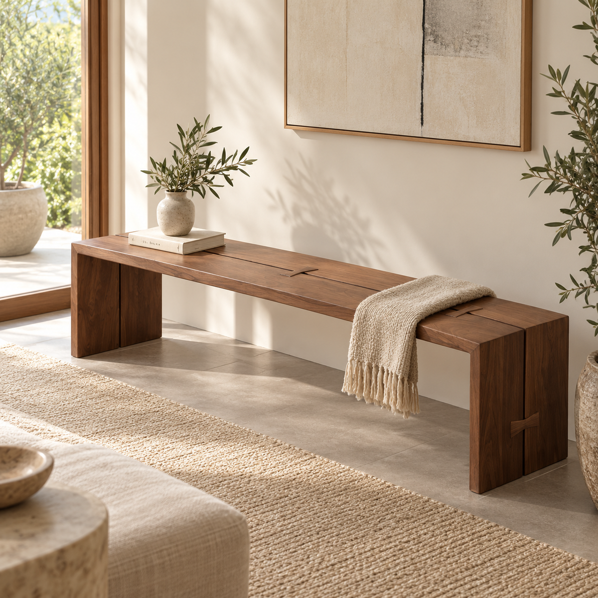 Long brown bench with slab sides and butterfly-shaped joint accents, styled with a throw and vase.