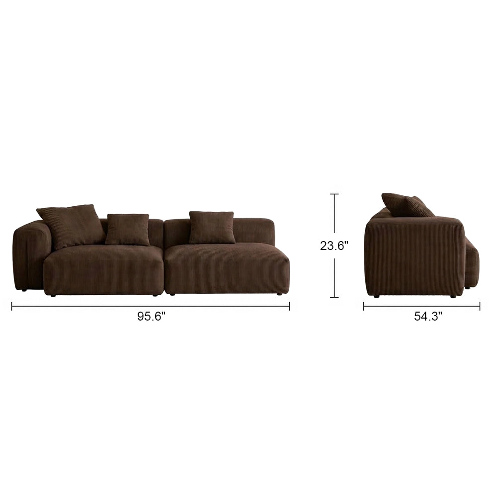 Front and side dimension diagram of the brown modular sofa with an arm on the left as pictured.
