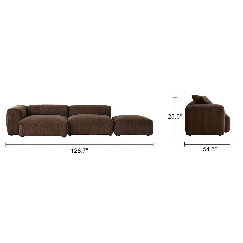Front and side dimension diagram of the brown modular sofa with an aligned ottoman.