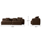 Front and side dimension diagram of the brown modular sofa with an arm on the right as pictured.
