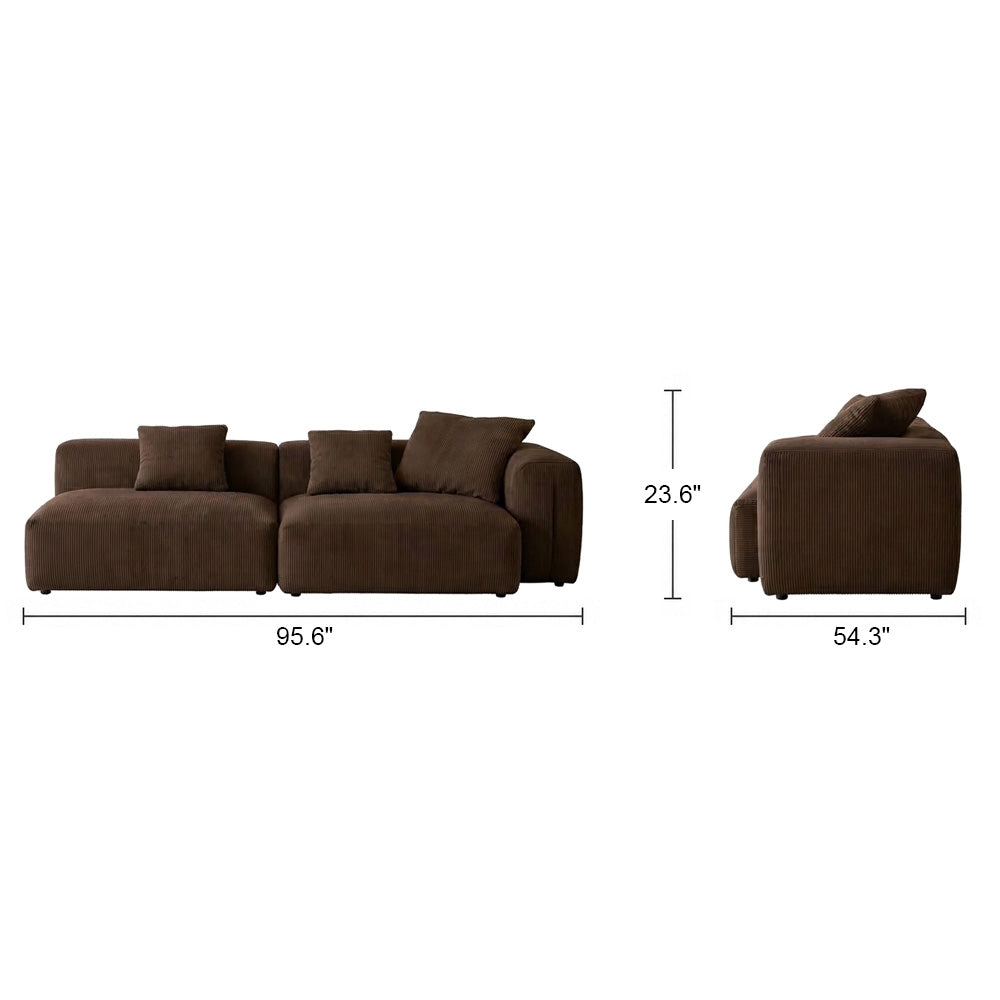 Front and side dimension diagram of the brown modular sofa with an arm on the right as pictured.