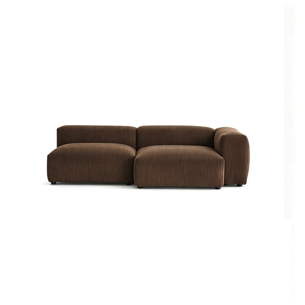 Two brown modular sofa sections with an arm on the right as pictured, shown without loose cushions.