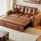 Angled view of the brown sofa bed with its sleeping section extended on a support frame.