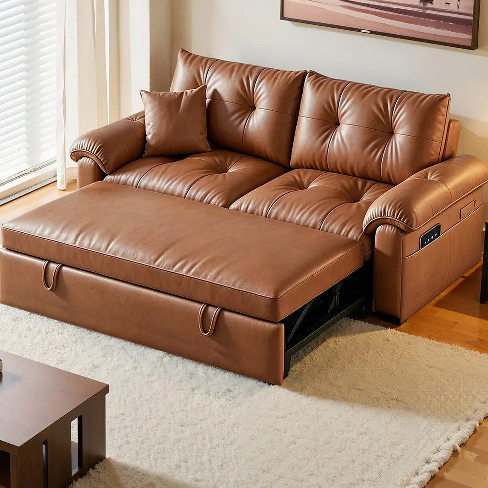 Angled view of the brown sofa bed with its sleeping section extended on a support frame.
