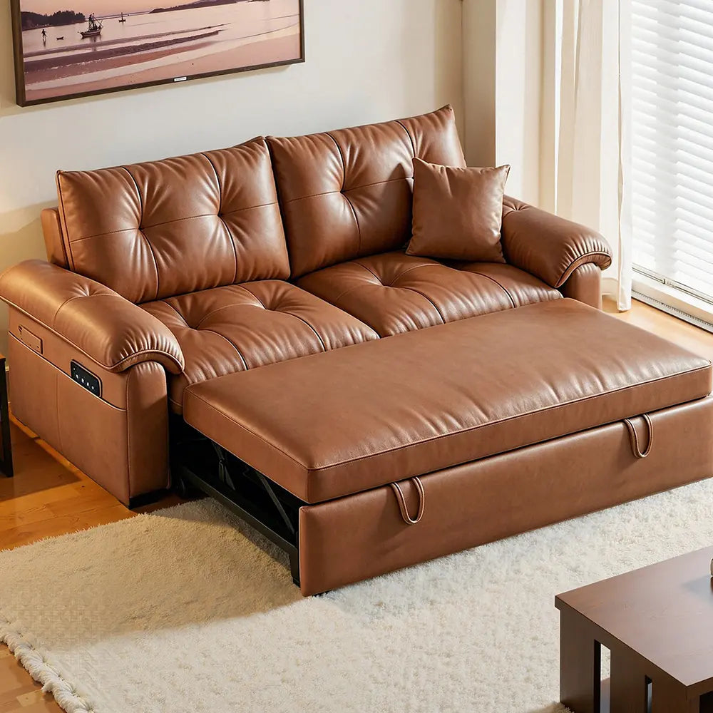 Brown tufted sofa bed with its pull-out sleeping section extended and padded rolled arms.