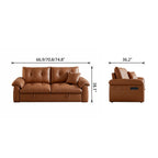 Front and side dimension diagram of the brown tufted pull-out sofa bed in sofa form.