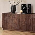 Angled detail of the TV cabinet's closely spaced curved grooves and wood-tone door panels.