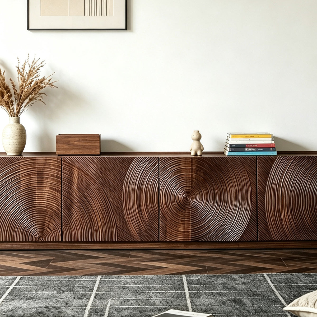 Front detail of the brown TV cabinet's large circular patterns and recessed base.