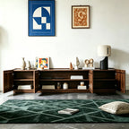 TV cabinet with its doors open, revealing interior shelves holding books, dishes and media equipment.