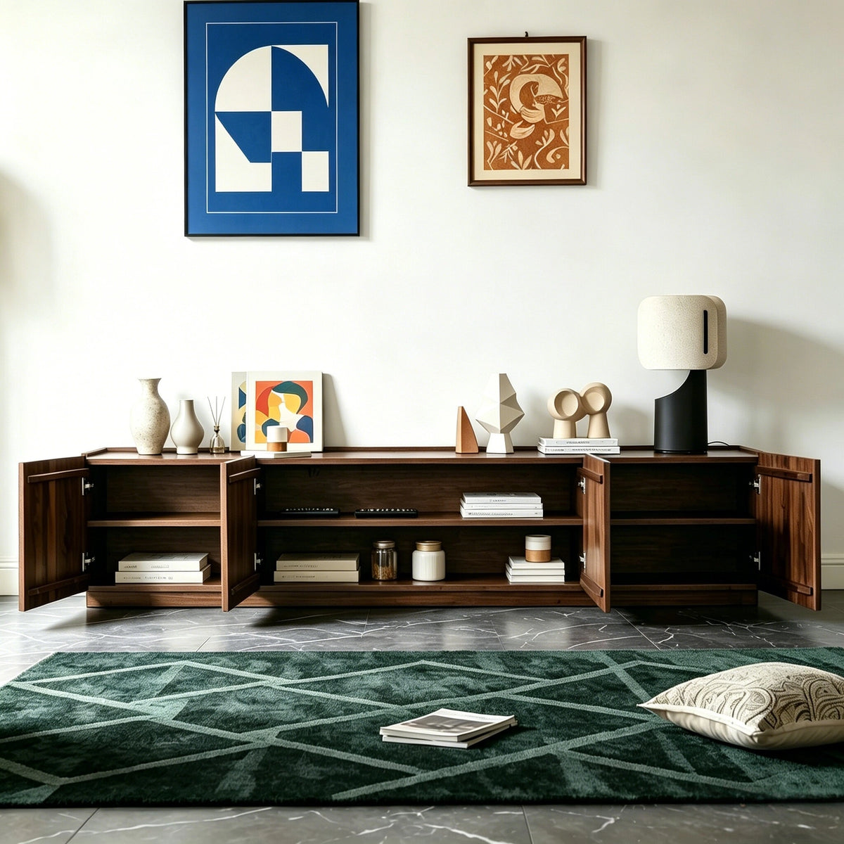 TV cabinet with its doors open, revealing interior shelves holding books, dishes and media equipment.