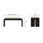 Front and side dimension diagram of the cream-cushioned bench with a black curved frame.