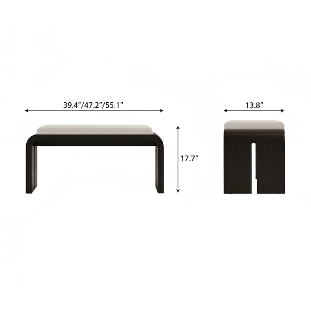 Front and side dimension diagram of the cream-cushioned bench with a black curved frame.