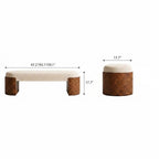 Front and end dimension diagram of the cream cushioned bench with rounded brown supports.