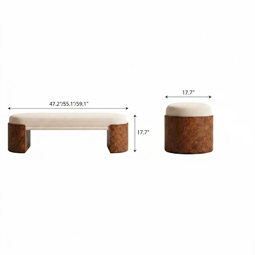 Front and end dimension diagram of the cream cushioned bench with rounded brown supports.