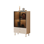 Short narrow cream glass display cabinet with two display levels and fluted drawers on a white background.