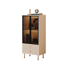 Short wide cream display cabinet with two glass display levels and fluted drawers on a white background.