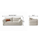 Front and side dimension diagram of the cream pull-out sofa bed in sofa form.