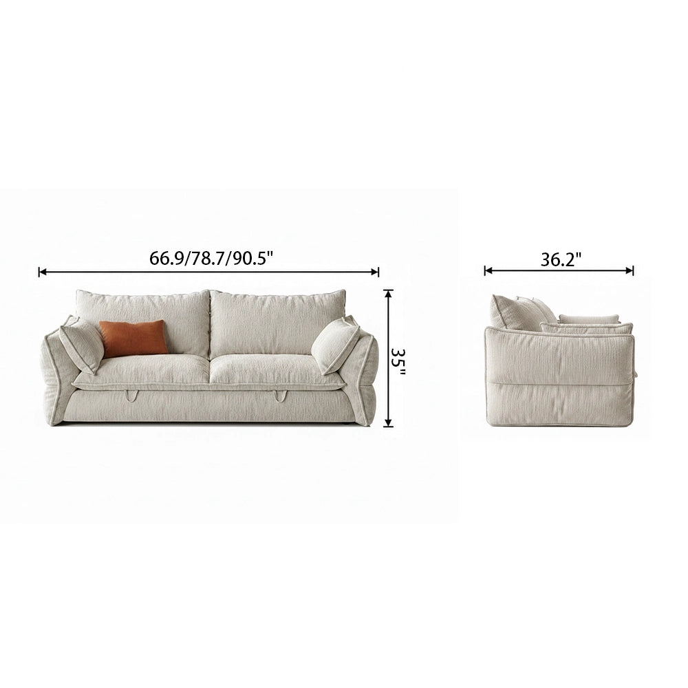 Front and side dimension diagram of the cream pull-out sofa bed in sofa form.