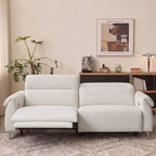 Front view of the cream reclining sofa with the left footrest extended as pictured.