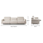 Front and side dimension diagram of the three-seat cream reclining sofa.